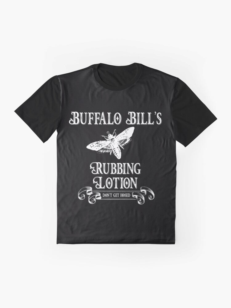 "Buffalo Bill's Silence of the Lambs graphic t-shirt featuring a death head moth and the quote 'It rubs the lotion on its skin.'" - Flat lay