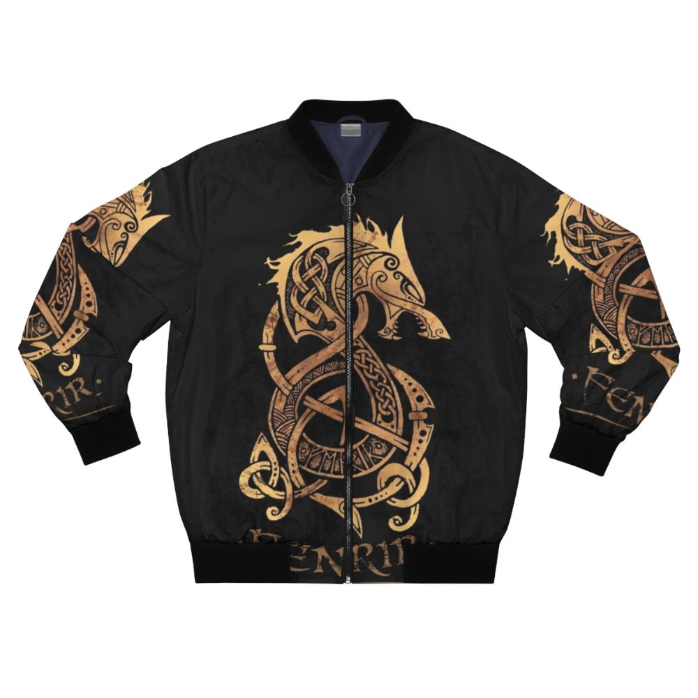 Fenrir, the Nordic monster wolf, featured on a bomber jacket with runes and knot designs