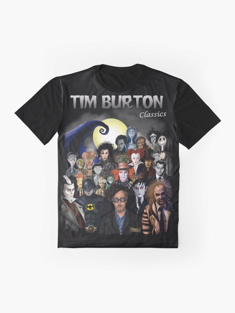 Tim Burton-inspired graphic t-shirt featuring iconic gothic art and horror film elements - Flat lay