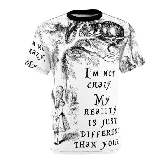 Alice in Wonderland inspired t-shirt with Cheshire Cat, Mad Hatter, and fantasy quote design