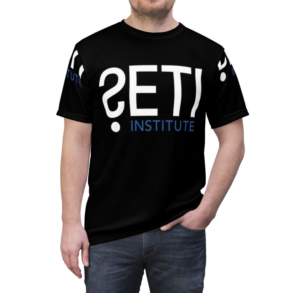 SETI Institute-inspired t-shirt featuring cosmic elements and space exploration - men front