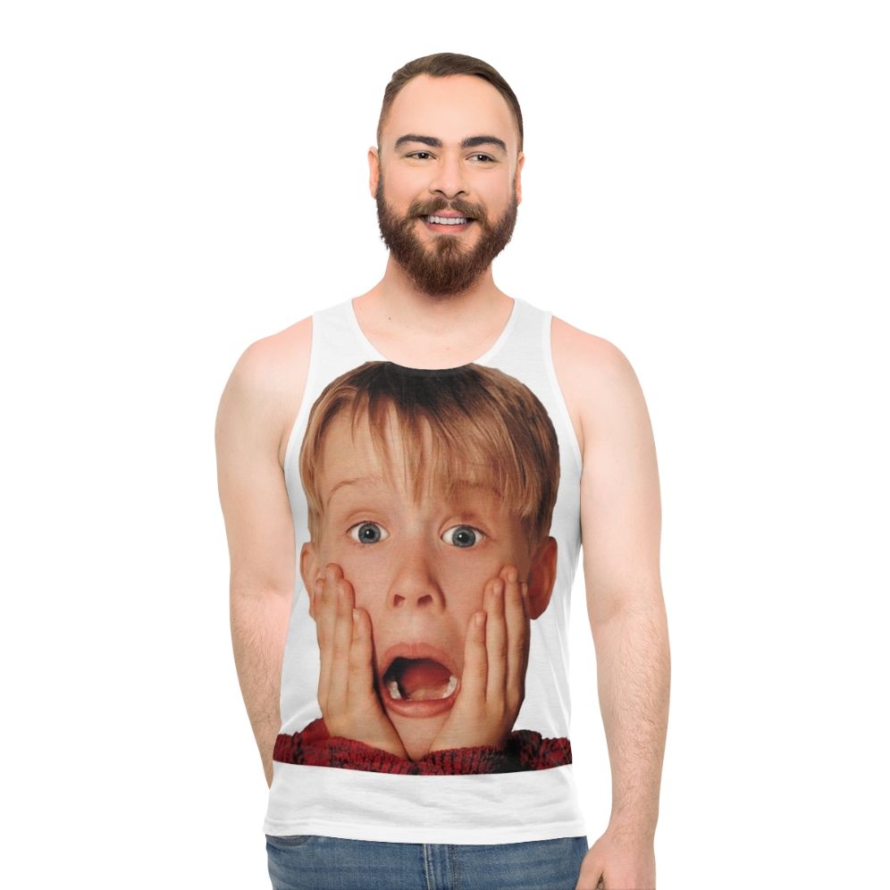 Macauly Culkin in his iconic "Home Alone" role on a unisex tank top - men