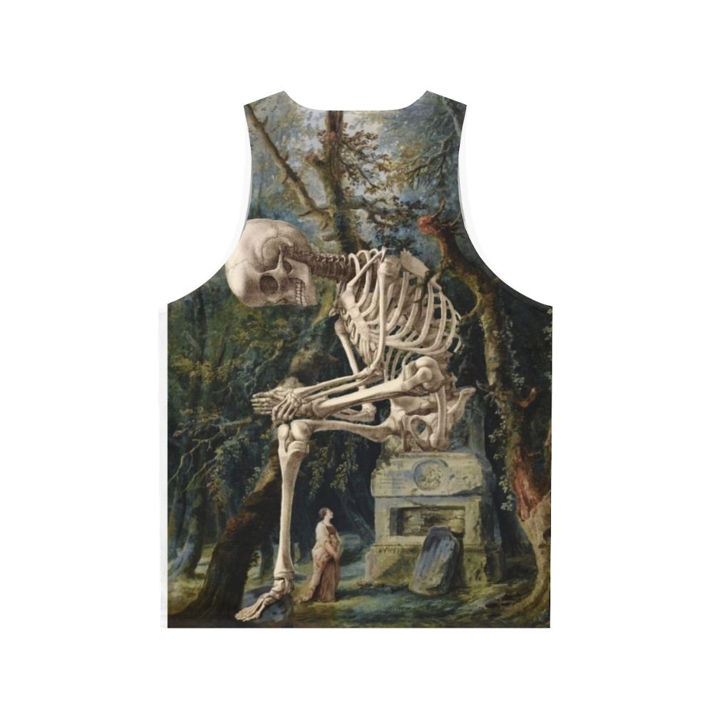 Surreal art unisex tank top featuring an illustration of a skull and skeleton - Back