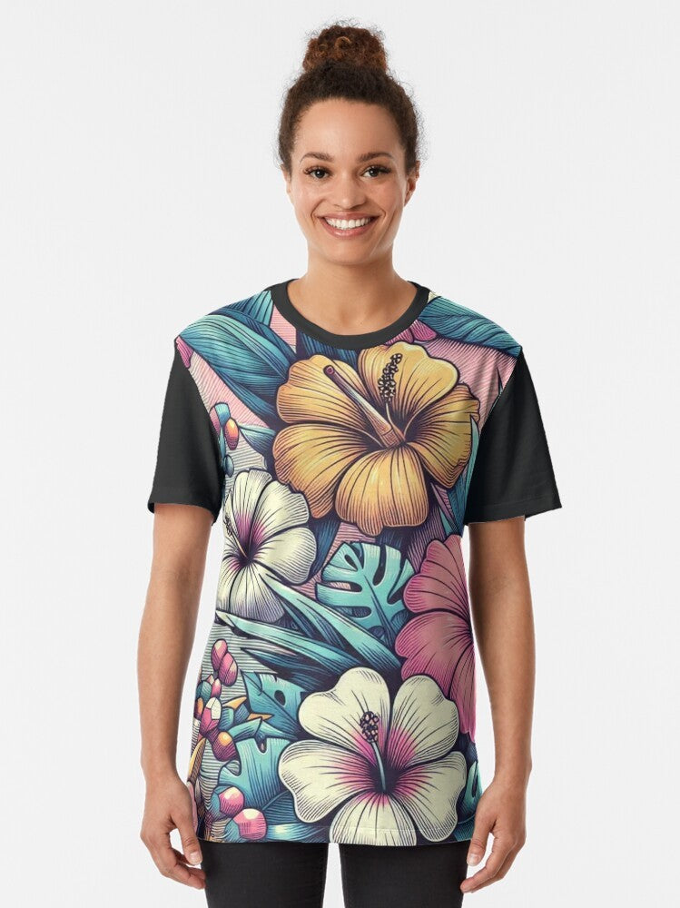 Retro tropical flowers Hawaiian pattern graphic t-shirt - Women