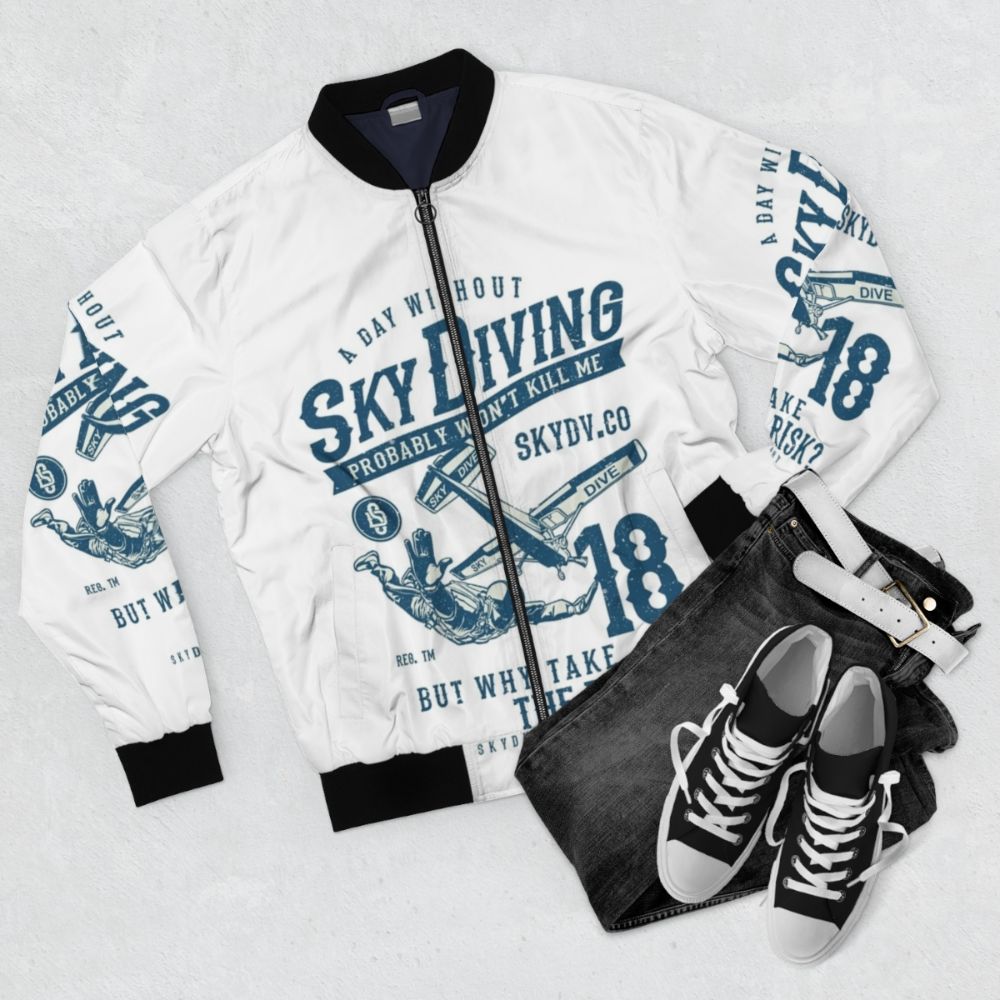 Skydiving sarcasm bomber jacket with funny, ironic saying - Flat lay