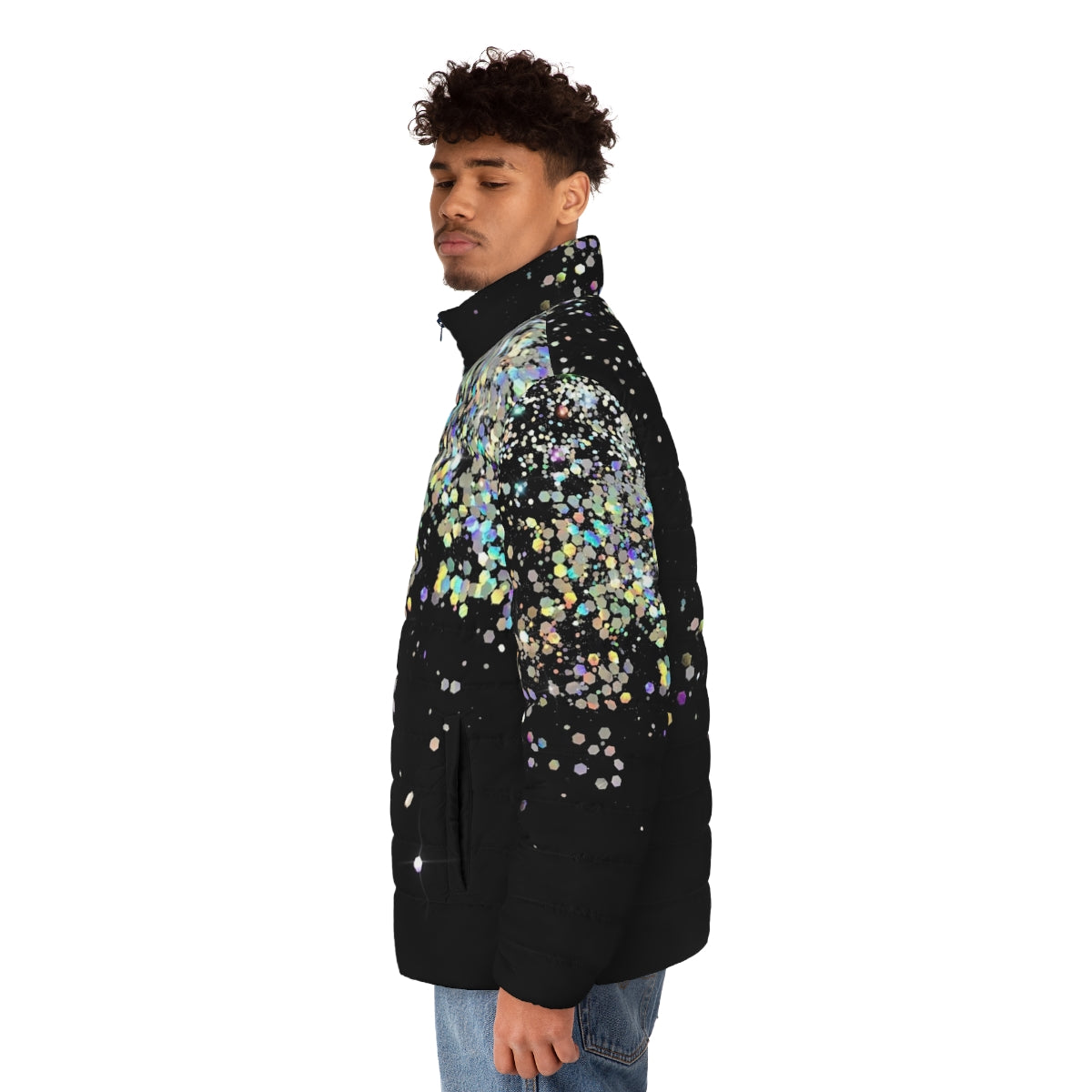 Black puffer jacket with holographic sparkle and shimmer - men side left