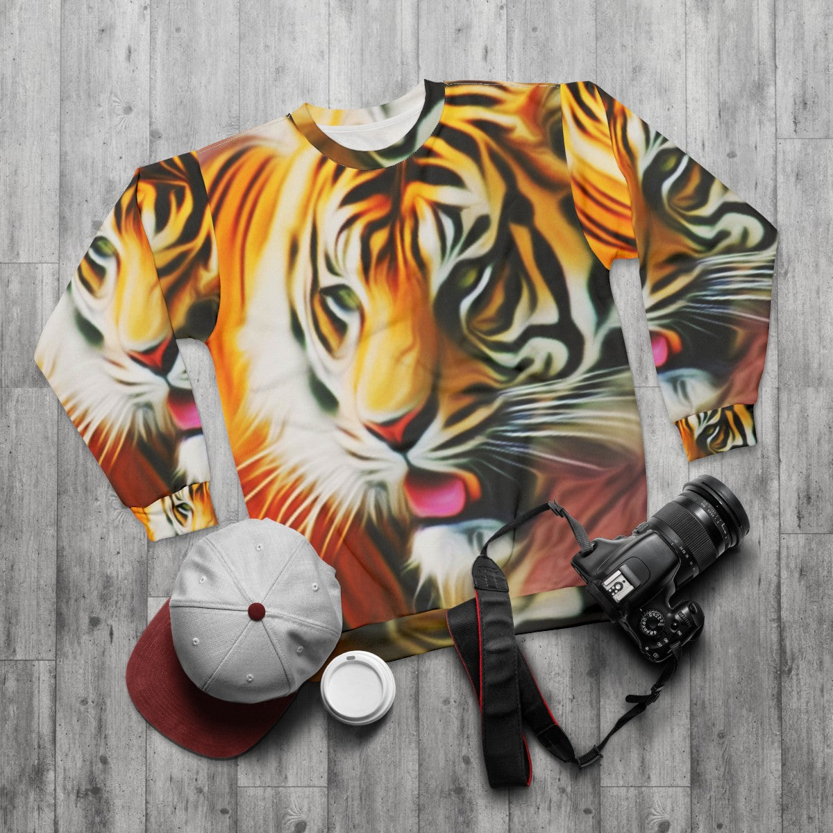 Colorful abstract tiger graphic on sweatshirt - flat lay