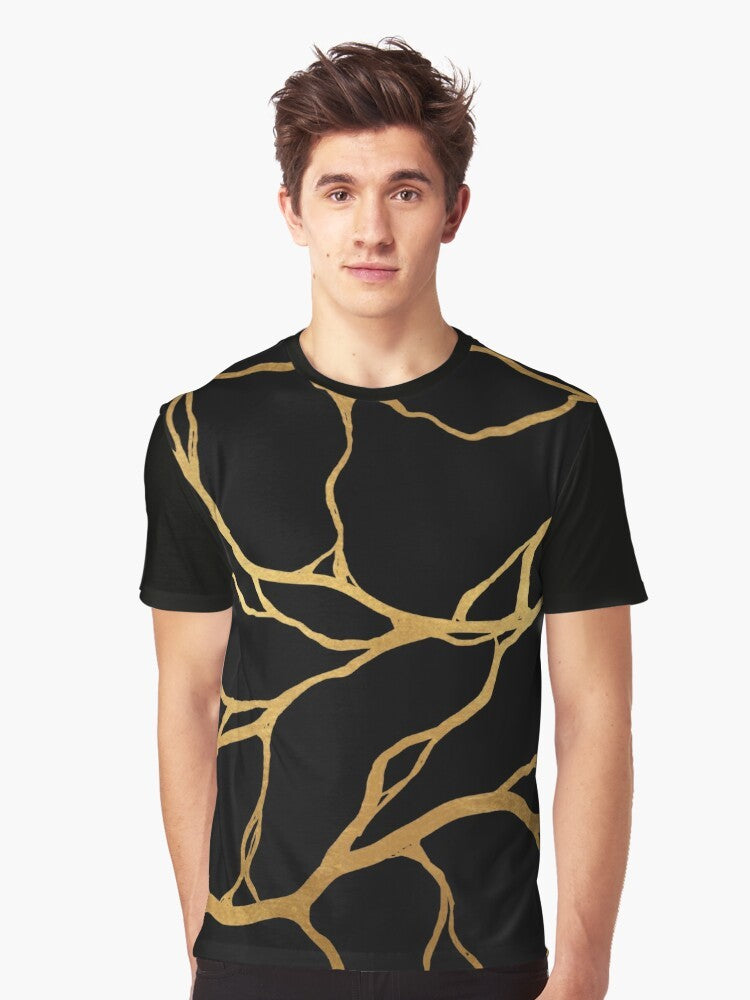 Kintsugi graphic t-shirt featuring a Japanese-inspired pattern with gold cracks and broken porcelain design - Men