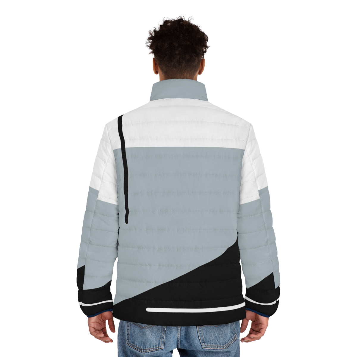 Minimalist abstract geometric puffer jacket with modern trichromatic color block pattern - men back