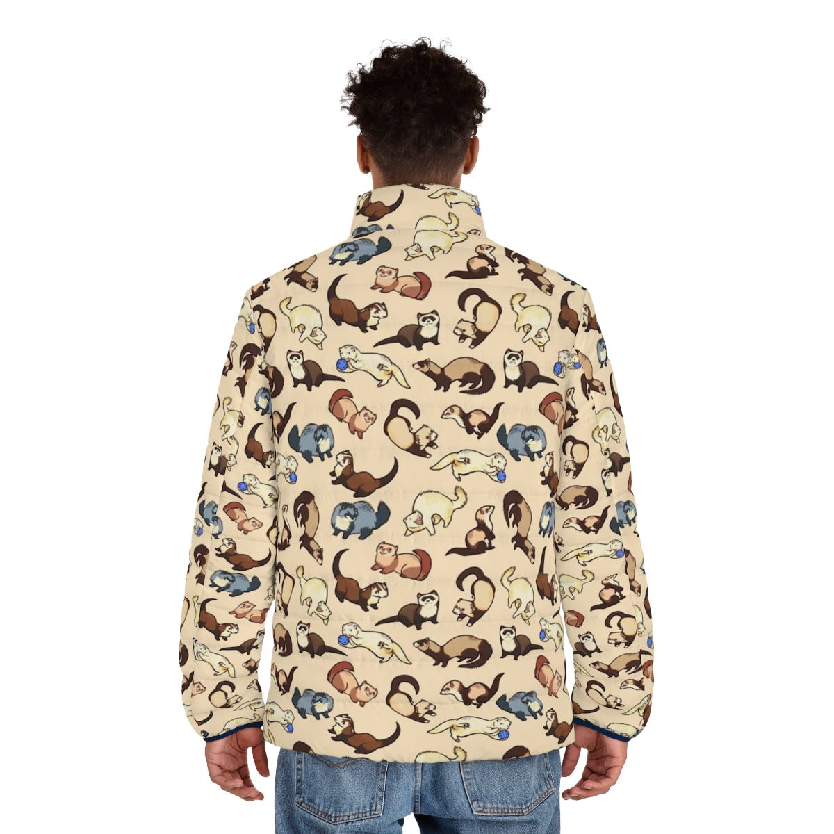 Ferret wearing a puffer jacket with a cat snake pattern - men back