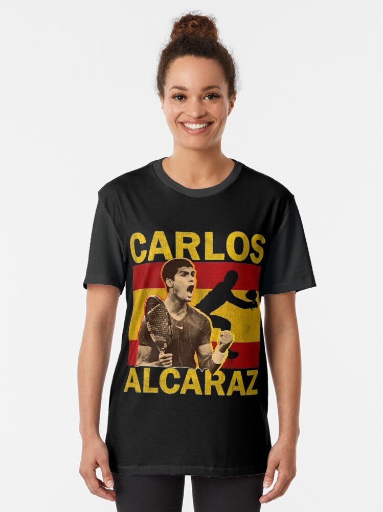 Graphic t-shirt featuring Carlos Alcaraz, the Spanish tennis player and champion - Women