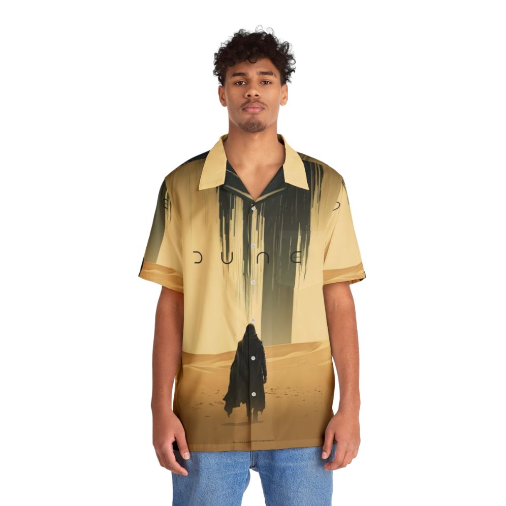 Sand colored Hawaiian shirt with desert and dune inspired design - People Front