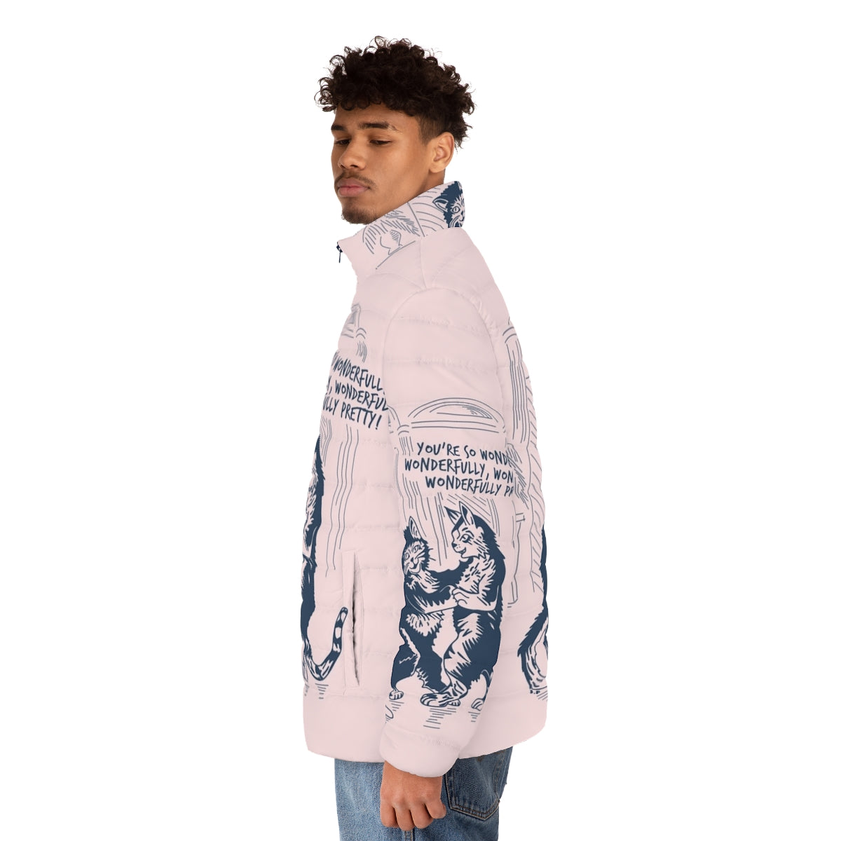 The Cure Lovecats puffer jacket featuring the iconic 80s alternative music band's cat-themed graphic design - men side left