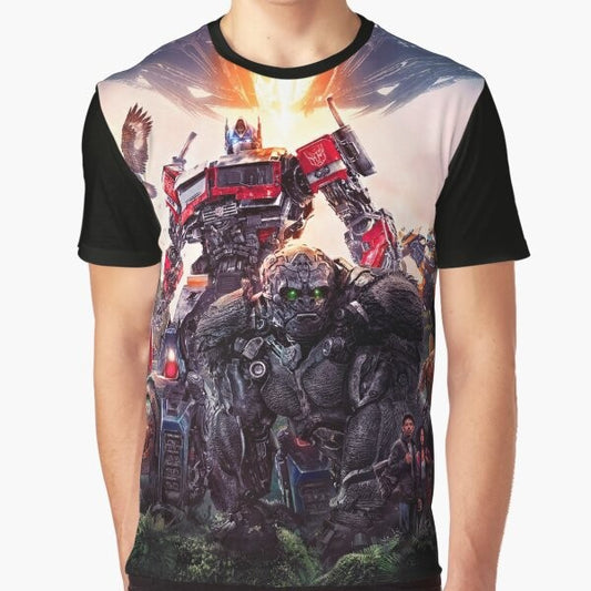 Transformers: Rise of The Beasts graphic t-shirt featuring Autobots and Decepticons