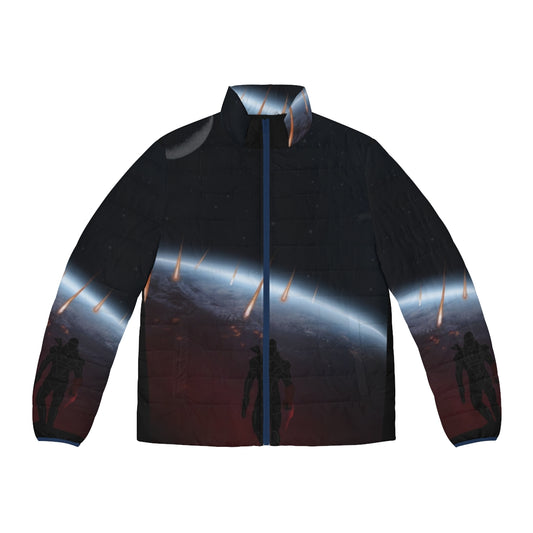 Mass Effect inspired puffer jacket featuring warriors landscapes and futuristic elements