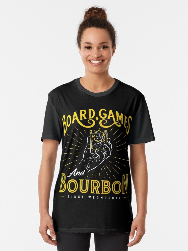 Board Games and Bourbon Graphic T-Shirt with Funny Drinking Design - Women