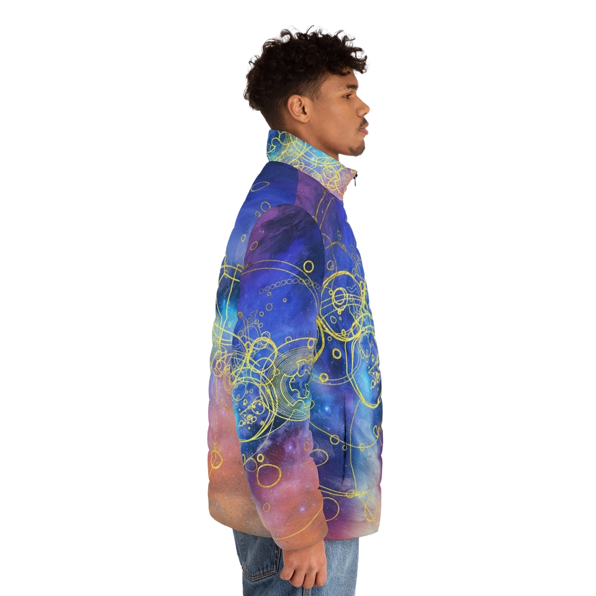 Puffer jacket featuring swirling vortex hues and Gallifreyan symbols, a must-have for Doctor Who fans. - men side right