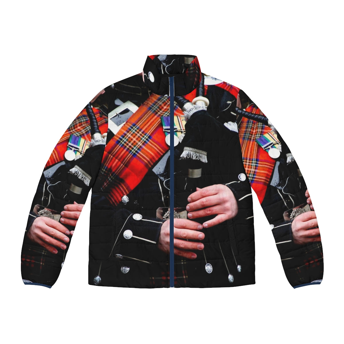 A cozy puffer jacket featuring a tartan and bagpipe design, perfect for celebrating Scottish heritage.