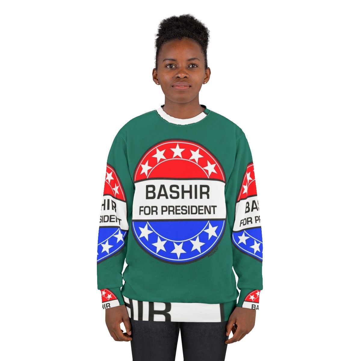 "Bashir For President" sci-fi sweatshirt featuring retro Star Trek pop art design - women