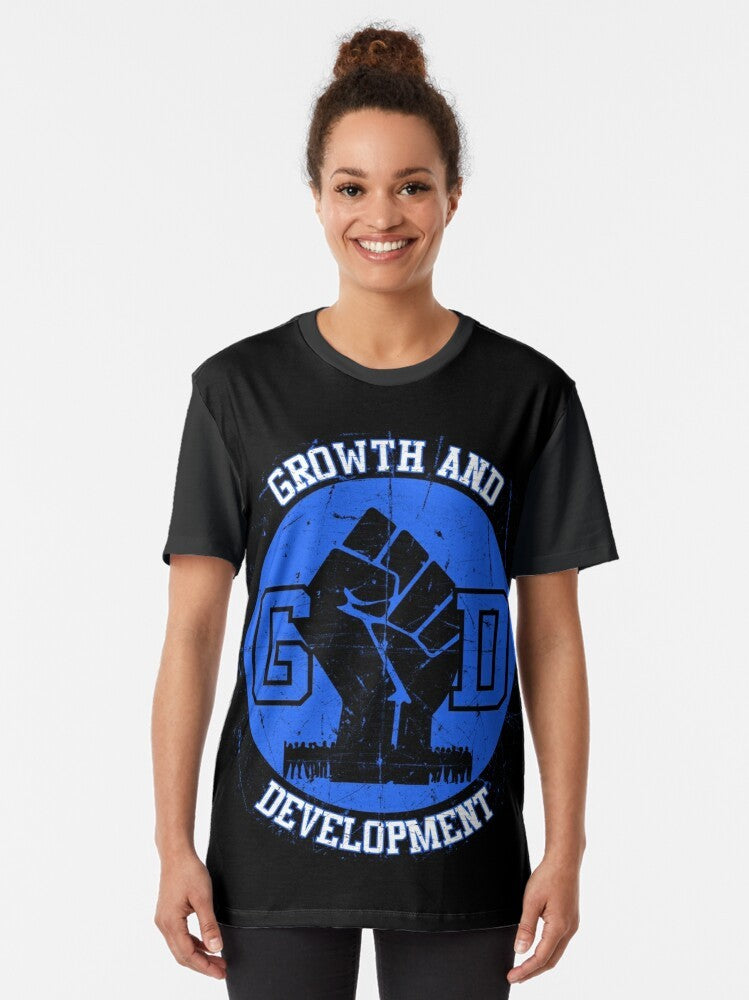 Growth and Development Graphic T-Shirt featuring African American culture and Chicago gang references - Women