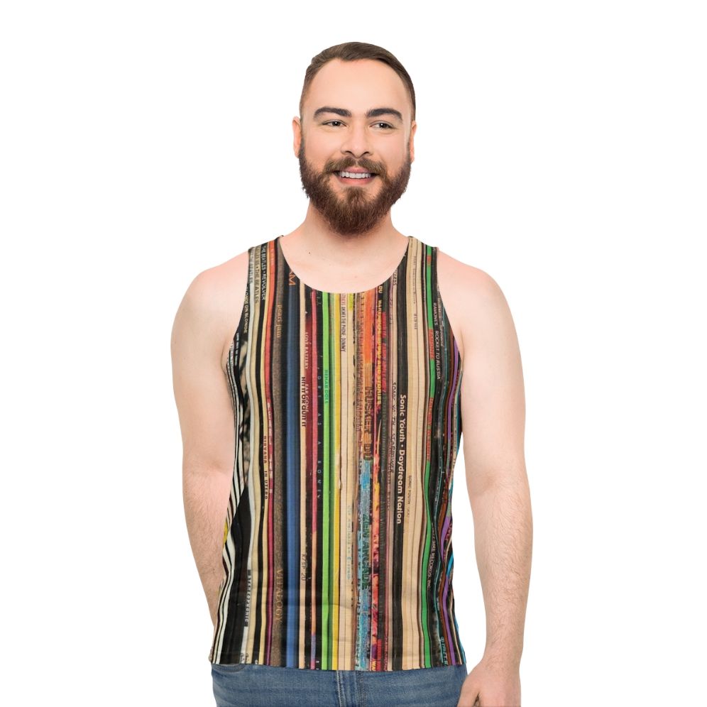 Unisex record collector tank top featuring vinyl records and turntable - men