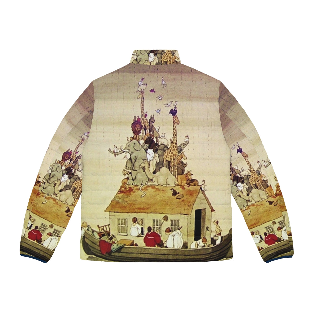 Puffer jacket with a whimsical illustration of Noah's Ark and animals by W. Heath Robinson - Back