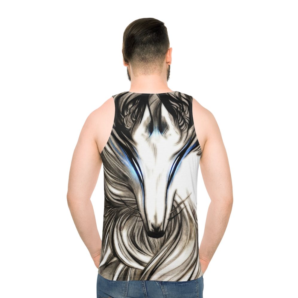 Winter wolf illustration on black and white unisex tank top - men back