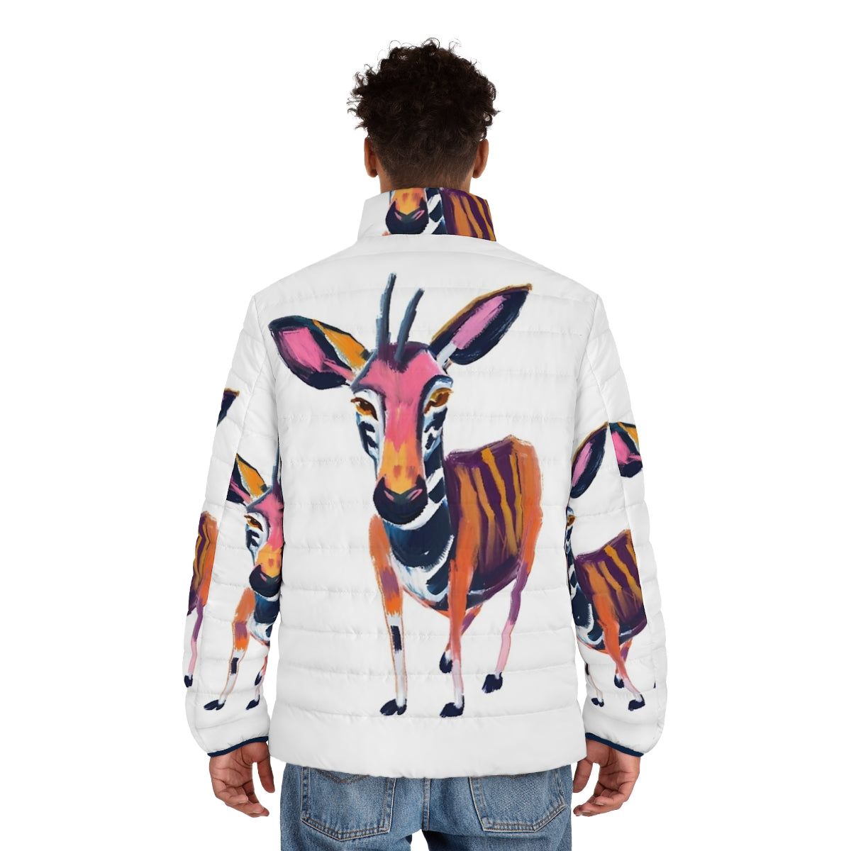 Okapi-print puffer jacket to support endangered species - men back