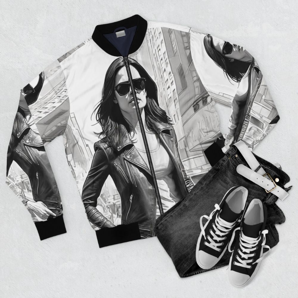 Jessica Jones inspired bomber jacket with realistic drawing details - Flat lay