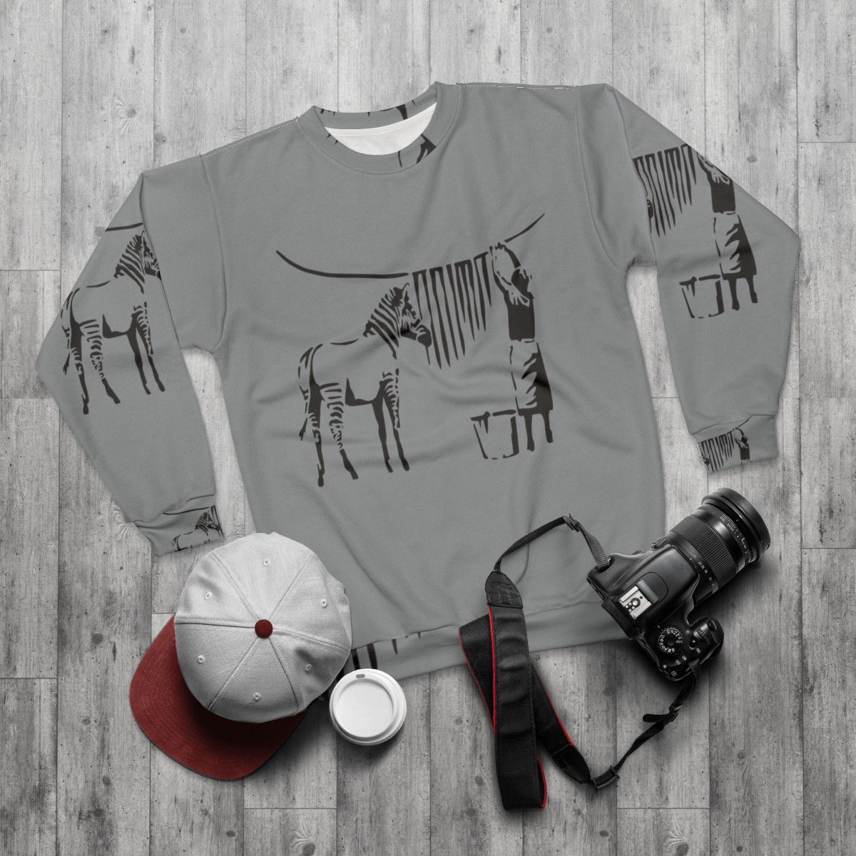 Banksy Zebra Sweatshirt - Stylish Urban Clothing - flat lay