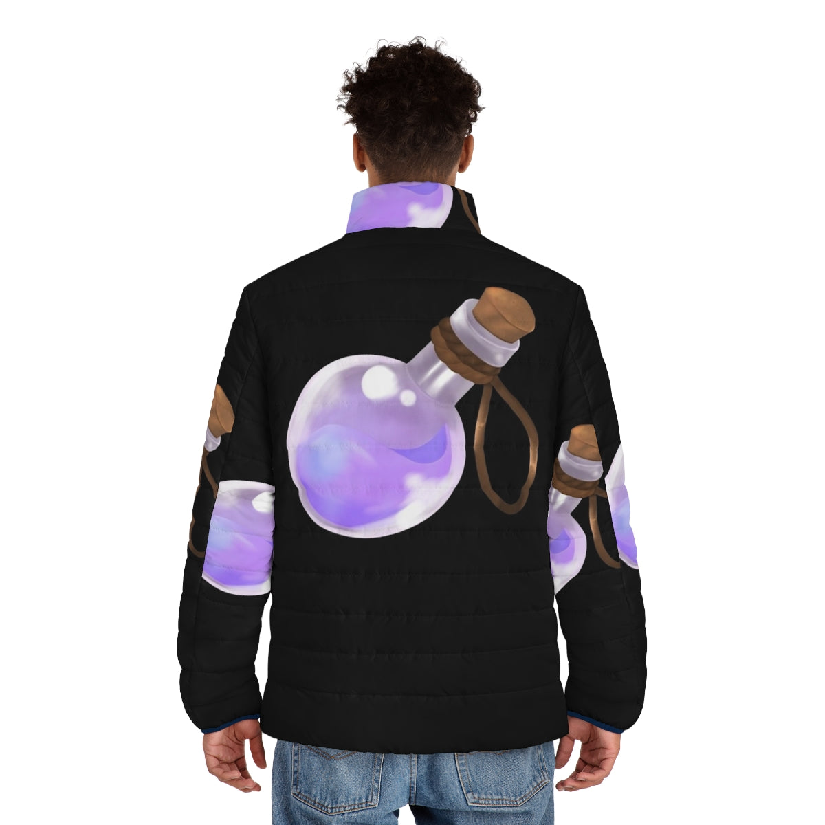 A pastel blue and red puffer jacket with a magical potion design, perfect for RPG enthusiasts. - men back