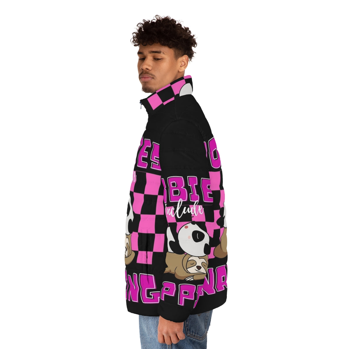 Cozy puffer jacket with "Hobbies Include Napping" design - men side left