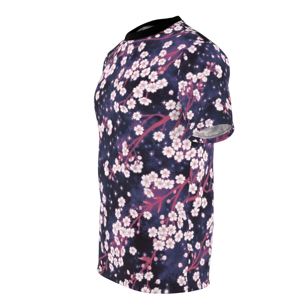 Vibrant t-shirt featuring a stunning sakura galaxy pattern with shimmering stars and petals. - men left