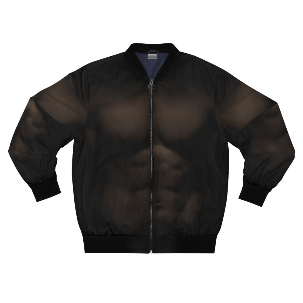 Muscular man wearing a bomber jacket showcasing his chest and abdominal muscles