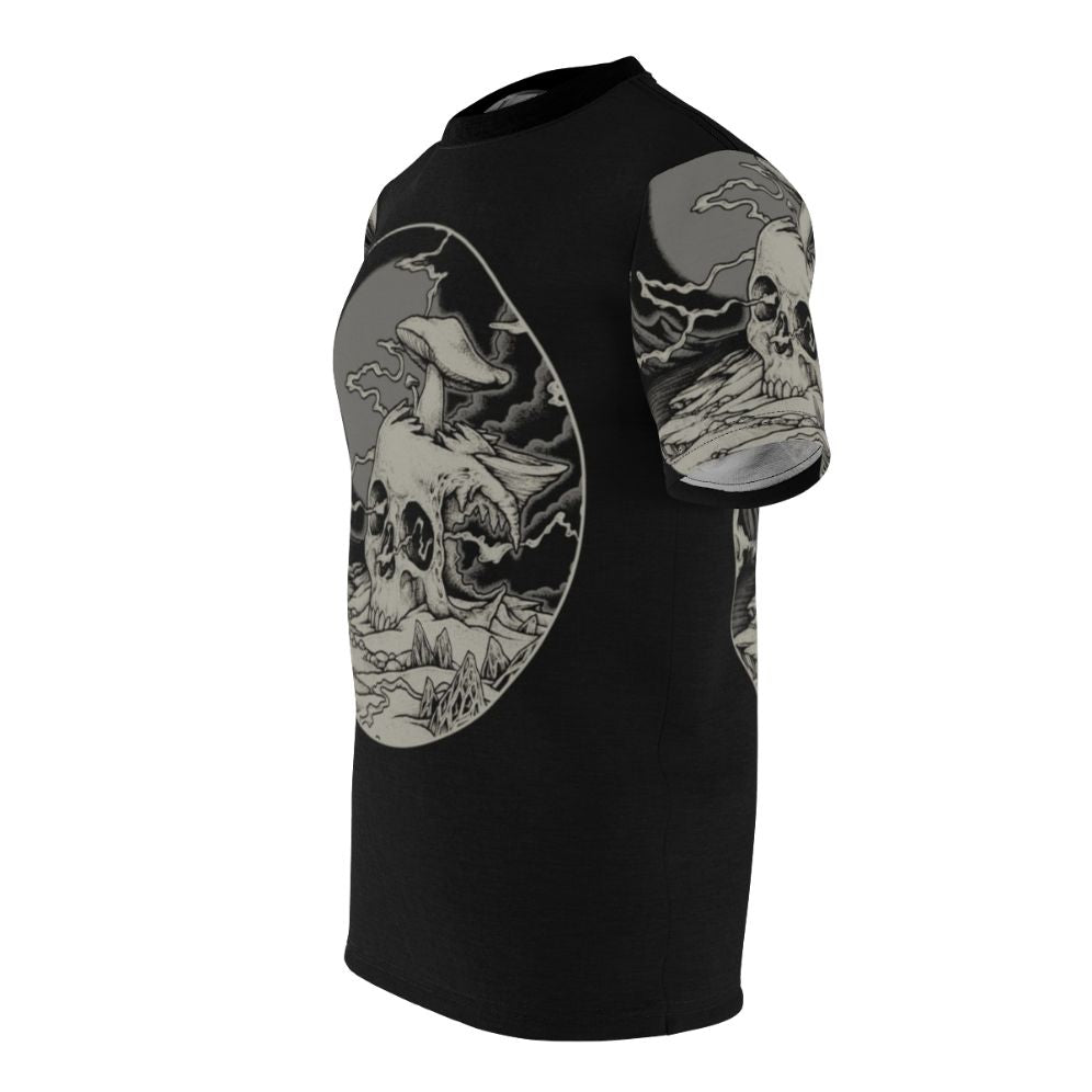 Psychedelic cosmic design with lost voyager, skull, and dark art elements on all-over-print t-shirt - men left