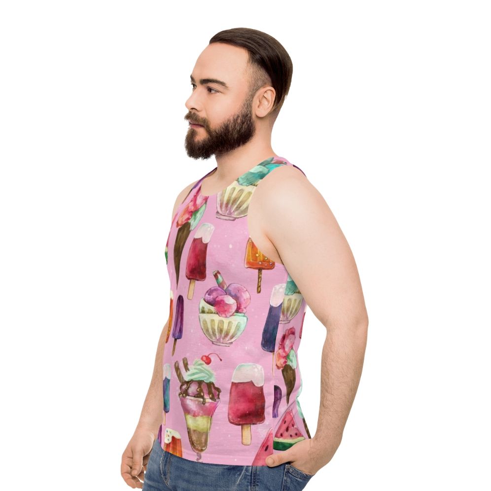 Model wearing an ice cream pattern unisex tank top - men side