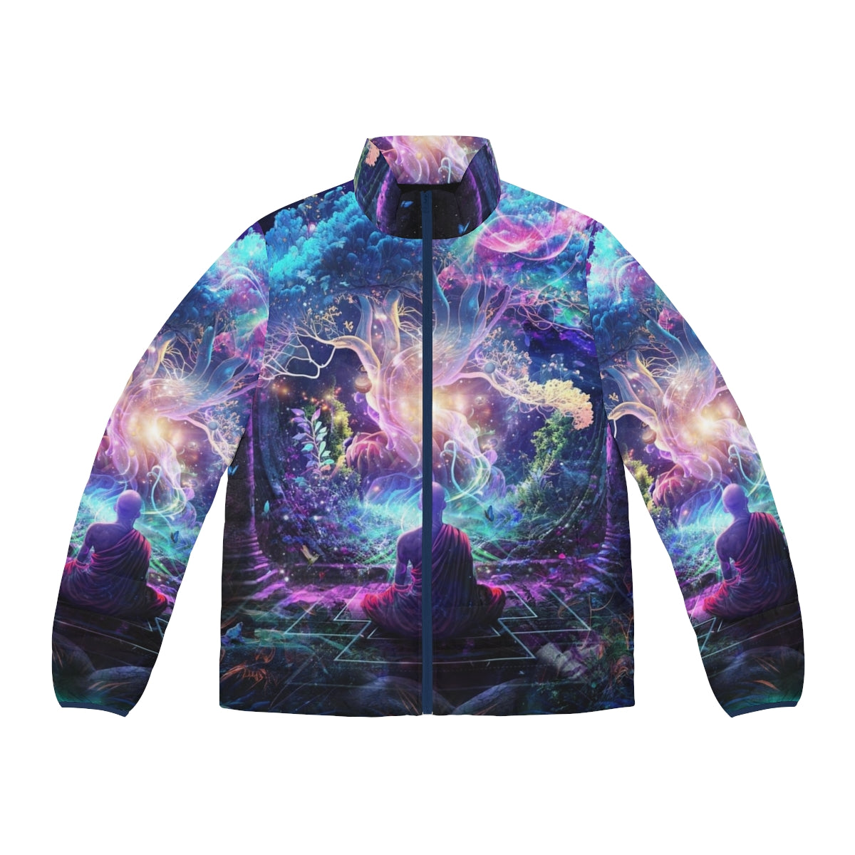 Midnight Garden Puffer Jacket featuring cosmic and spiritual design elements