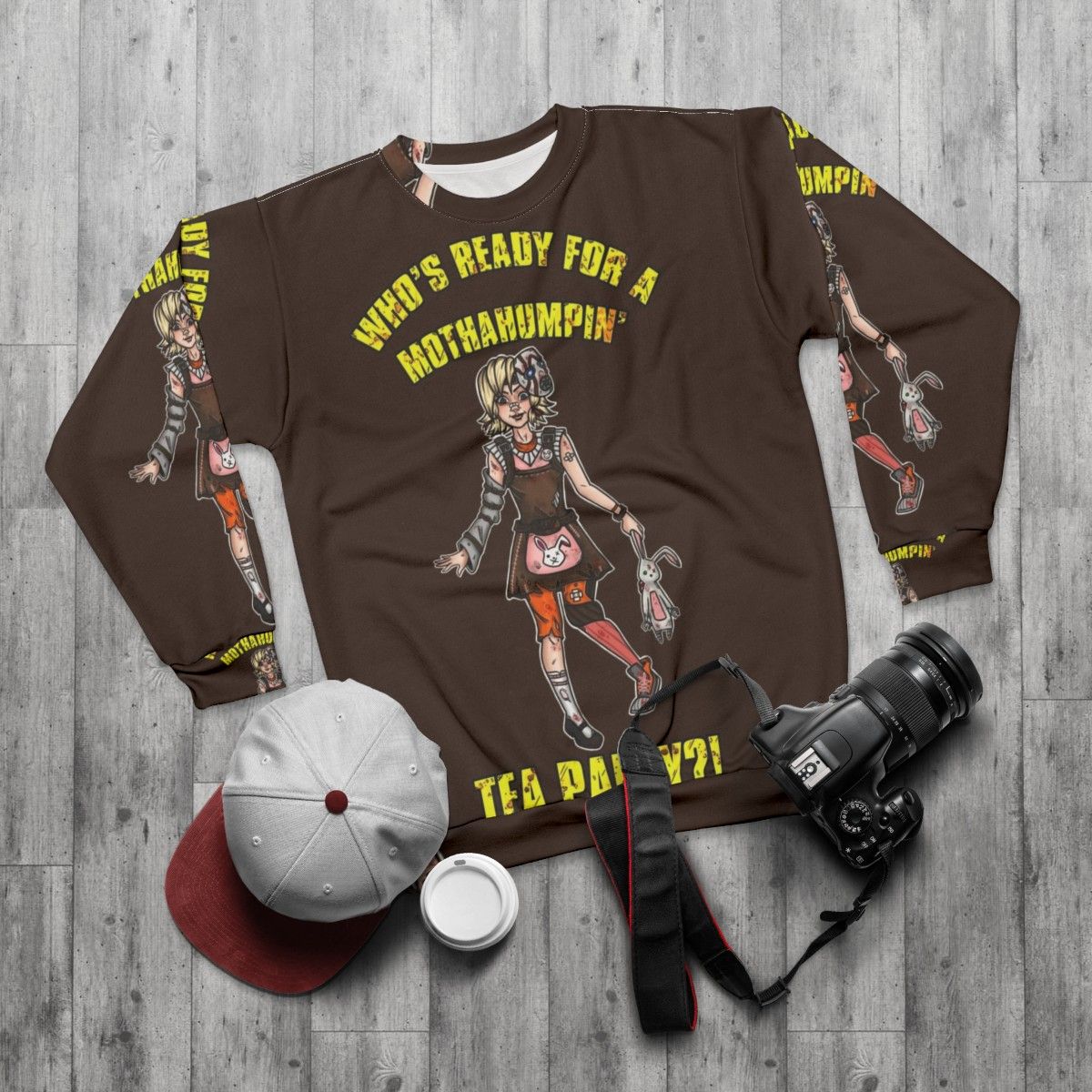 Borderlands Tiny Tina Mothahumpin Tea Party Sweatshirt - flat lay