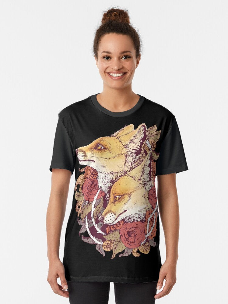 Red fox surrounded by rose buds, ferns, and spirals in a nature-inspired graphic design. - Women