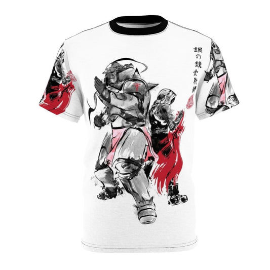 Anime-inspired t-shirt featuring a Sumi-E style design inspired by the popular manga and anime series Fullmetal Alchemist: Brotherhood.