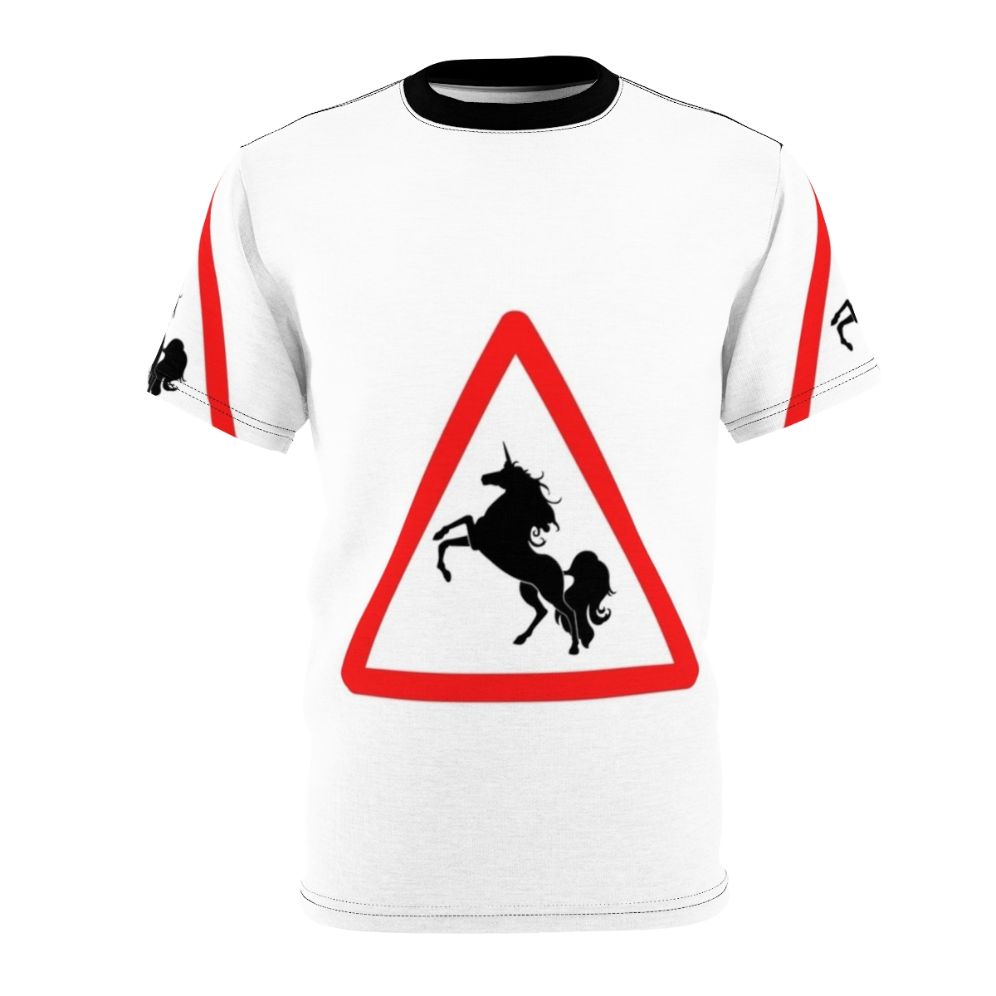 T-shirt featuring a colorful, whimsical design of legendary animals like unicorns and dragons