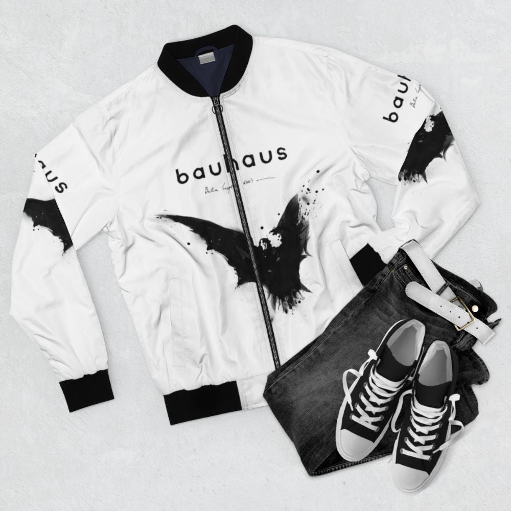 Bela Lugosi's Dead Bauhaus-inspired bomber jacket in black and white with a spatter ink design - Flat lay