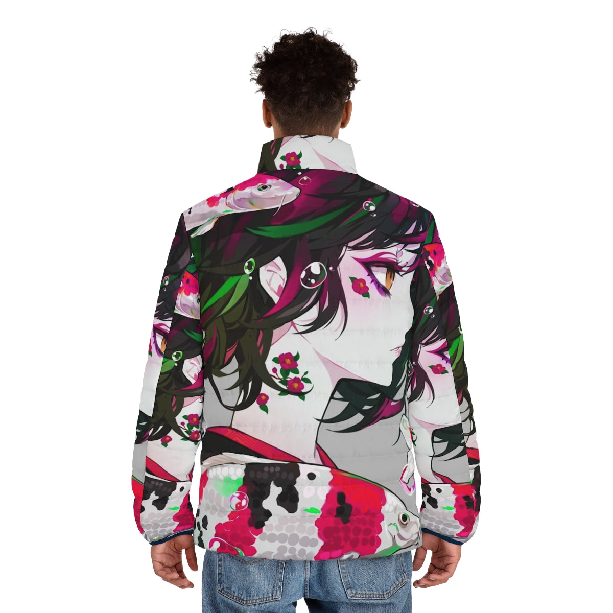 Vivid and colorful puffer jacket with a koi fish design, perfect for anime and Japanese fashion enthusiasts. - men back