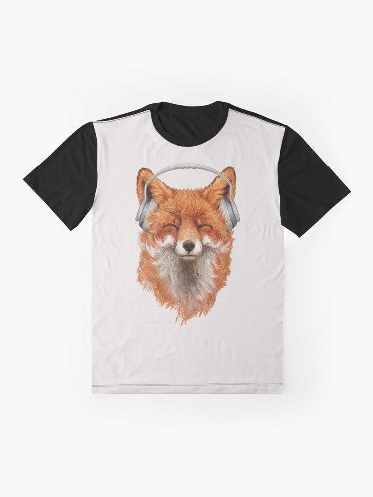 A graphic t-shirt featuring a smiling, musical fox with headphones and a mustache. - Flat lay