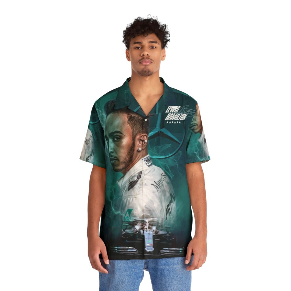 Lewis Hamilton wearing Formula 1 championship Hawaiian shirt - People Front