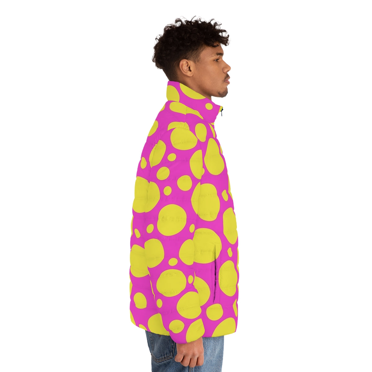 Vibrant polka dotted puffer jacket in hot pink and yellow colors - men side right