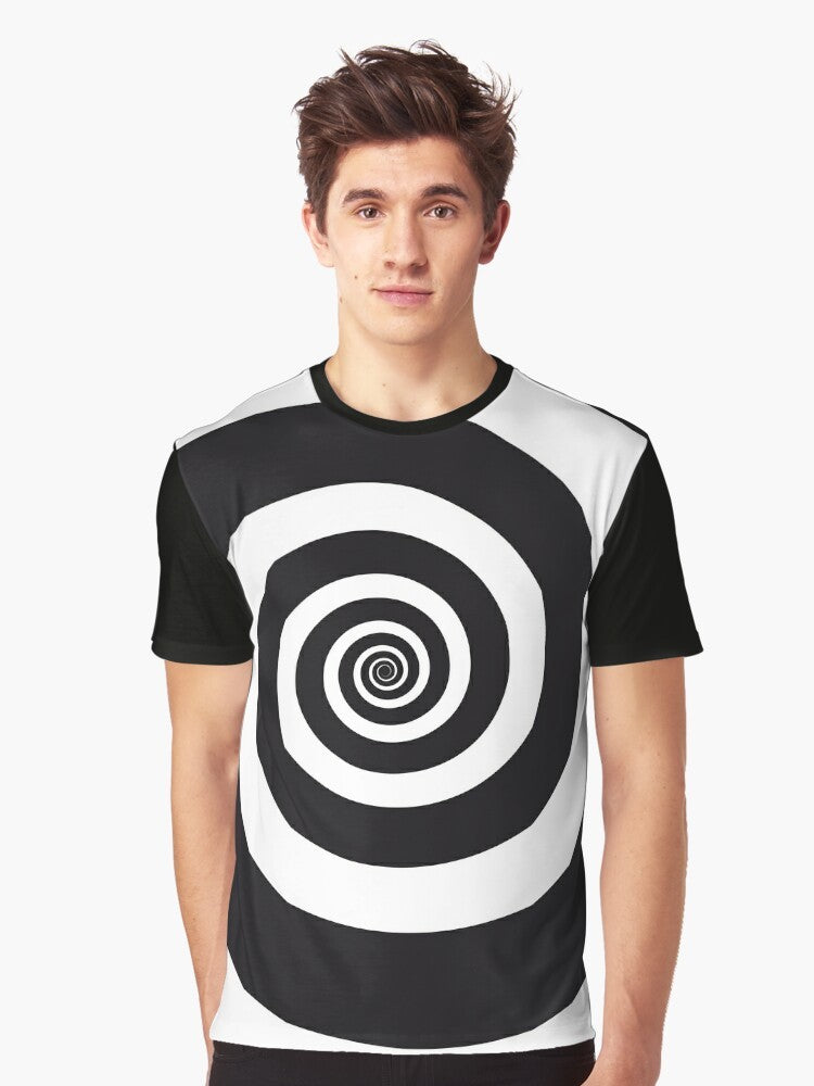 Spiral hypnotic visual illusion black and white graphic t-shirt design with mind control theme - Men