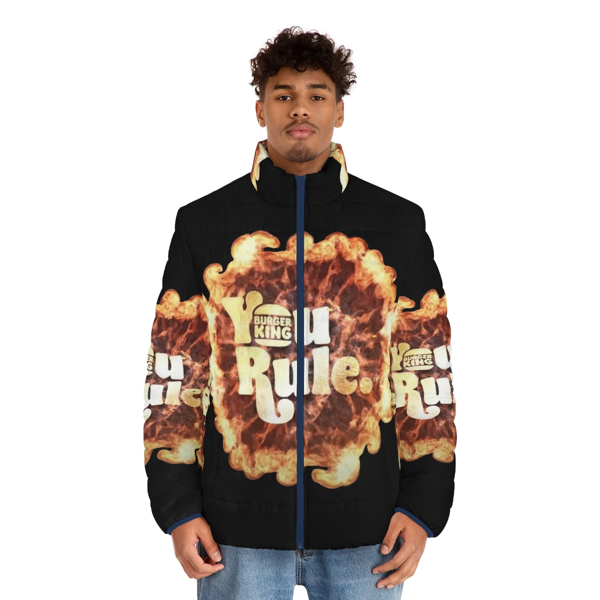 A stylish puffer jacket featuring the "You Rule" Burger King inspired design - men front