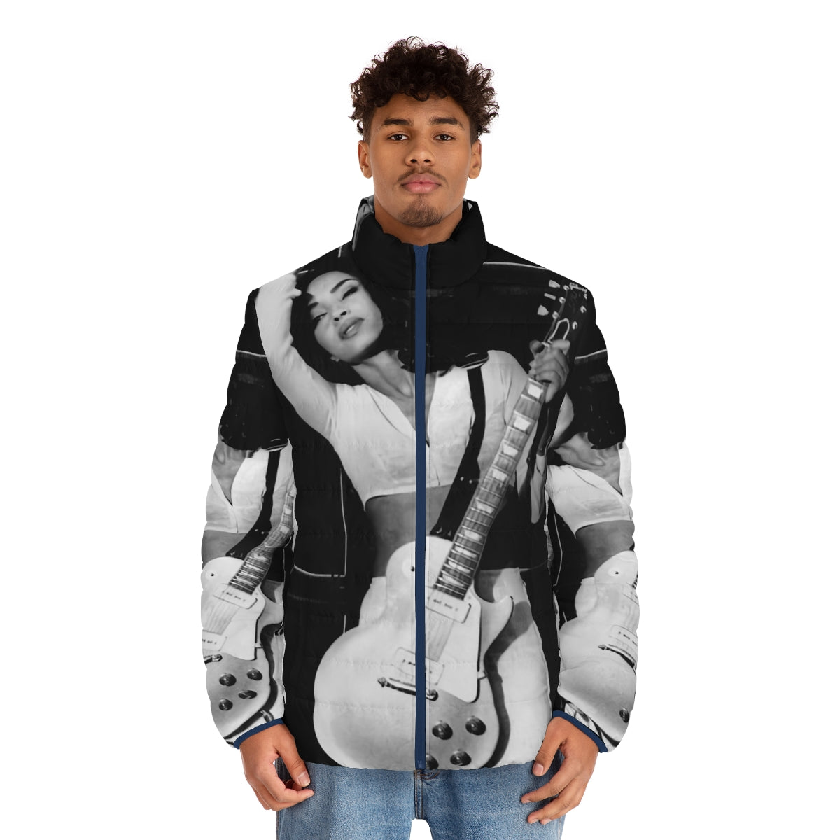 A puffer jacket featuring a photo of the iconic musician Sade, with a guitar and retro-inspired design. - men front