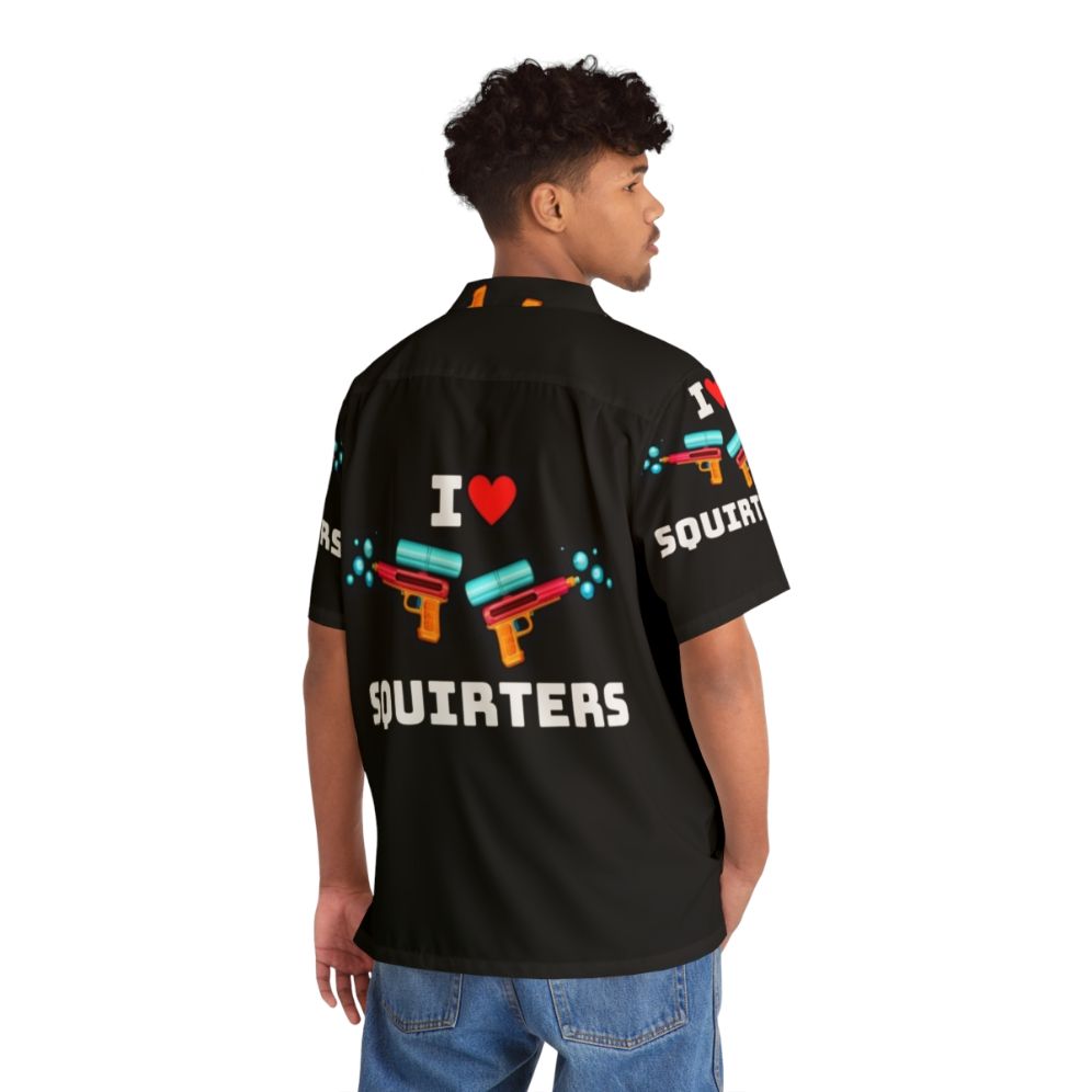 Colorful Hawaiian shirt with a quirky 'I Love Squirters' design featuring a playful squirrel - People Back